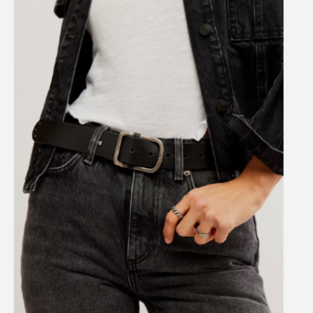 Free People Black Leather Belt with Silver Buckle